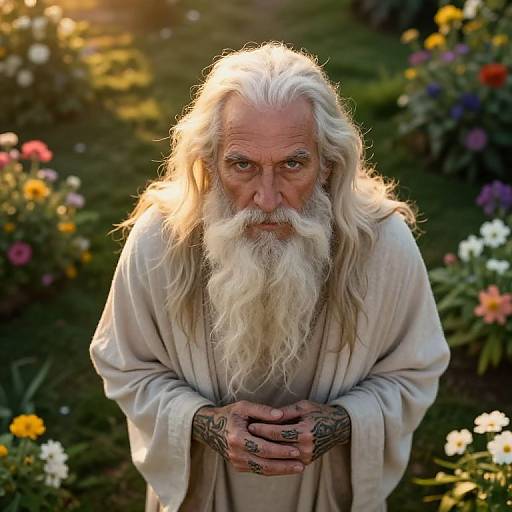 Mystical Ancient Sage in Sunset Garden