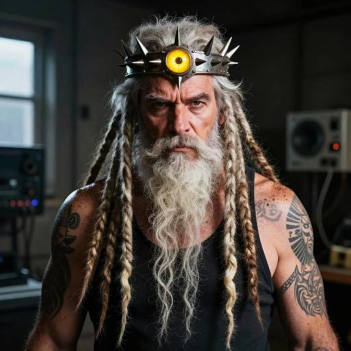 Photograph of a muscular, white-haired man with a long white beard, wearing a spiked crown with a glowing yellow eye, black tank top, and