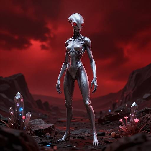 Sleek Alien on Crimson Landscape