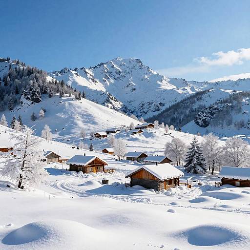 Snowy Mountain Landscape with Cabins