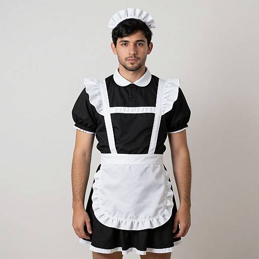 Photograph of a young man with medium skin tone, dark hair, and trimmed beard, wearing a black and white French maid outfit, standing against a