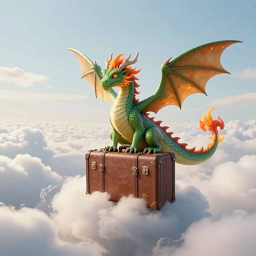 Photorealistic digital artwork of a green, orange-winged dragon with fiery scales and red horns, standing on a brown leather suitcase amidst fluffy white clouds