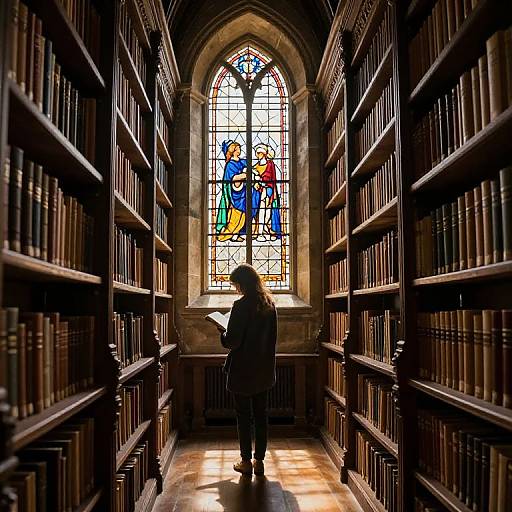 Photograph of a silhouetted person standing in a narrow library aisle, facing a colorful stained glass window with medieval figures, surrounded by tall,