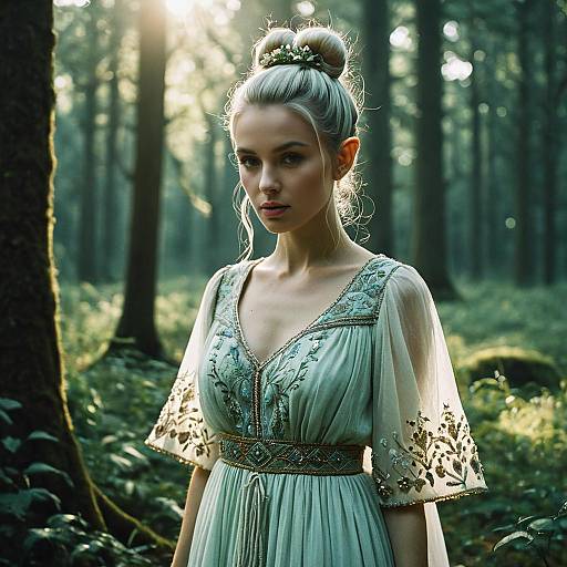 Fantasy Elf Woman in Embroidered Gown in Forest