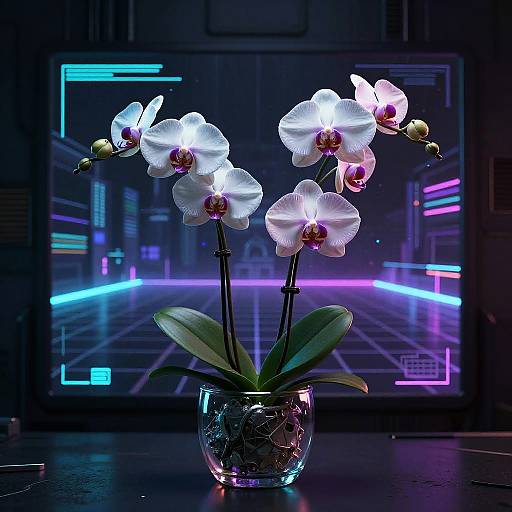 Cybernetic Orchids in Synthwave Vase