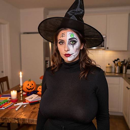 Photograph of a woman in a black witch costume with white face paint, green eye design, and black hat, standing in a kitchen with carved pump