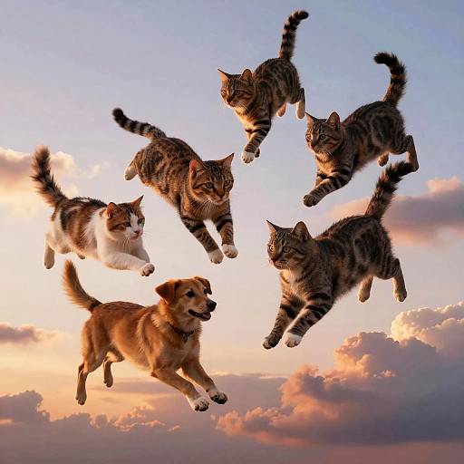 Photograph of six cats and one golden retriever mid-jump against a sunset sky with colorful clouds, creating a dynamic, playful scene.