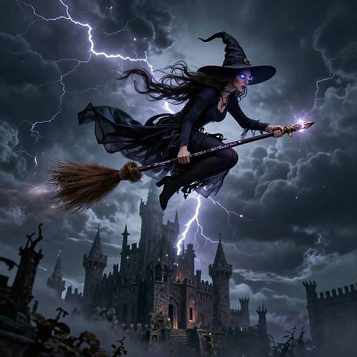 Digital illustration of a witch in a black hat and flowing robe, flying on a broomstick above a stormy, lightning-filled sky with a dark