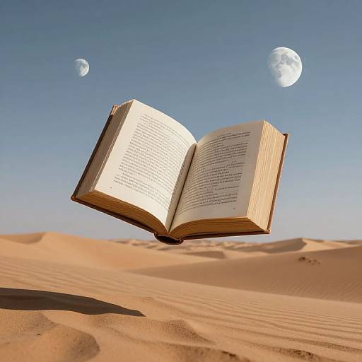 Open book floating in a desert under a clear blue sky with two bright moons. Photorealistic CGI image.