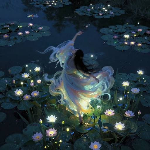 Digital art: Ethereal woman with flowing, glowing dress stands among luminous water lilies on dark, reflective pond at night.