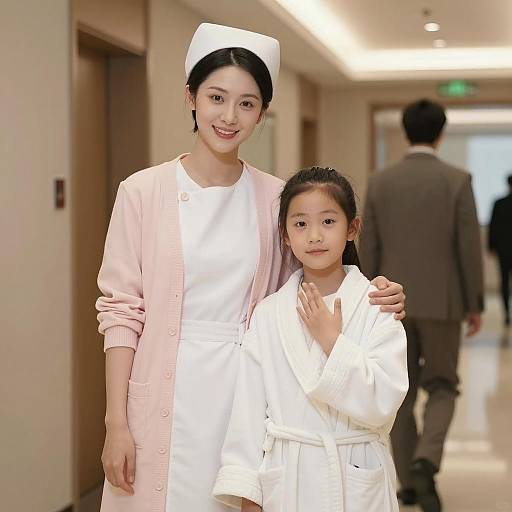 Sisterly Smiles in a Serene Hallway