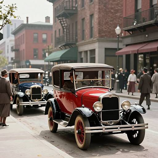 Photograph of a vintage red and black vintage car driving down a sunlit, early 20th-century urban street with other classic cars and pedestrians.