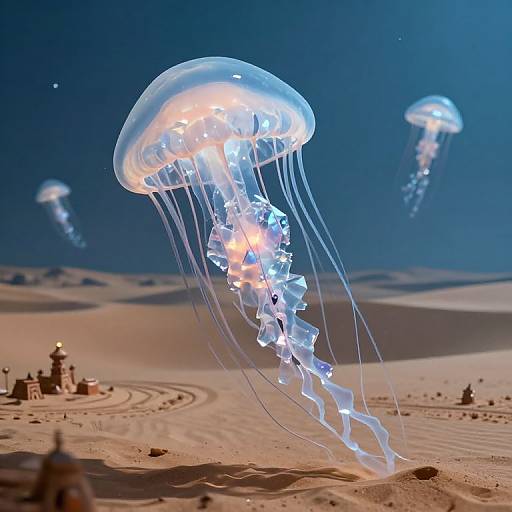 Photorealistic CGI of glowing jellyfish with translucent bodies and long, flowing tentacles hovering over a sandy desert landscape with miniature sandcastles and a