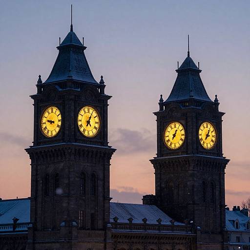 Surreal Twin Clock Towers at Twilight