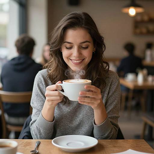 Photograph of a smiling young woman with wavy brown hair, wearing a gray sweater, holding a steaming white cup in a cozy, blurred café