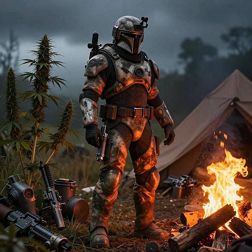 Photograph of a heavily armored soldier standing by a campfire, surrounded by guns and a tent in a dark, stormy forest.