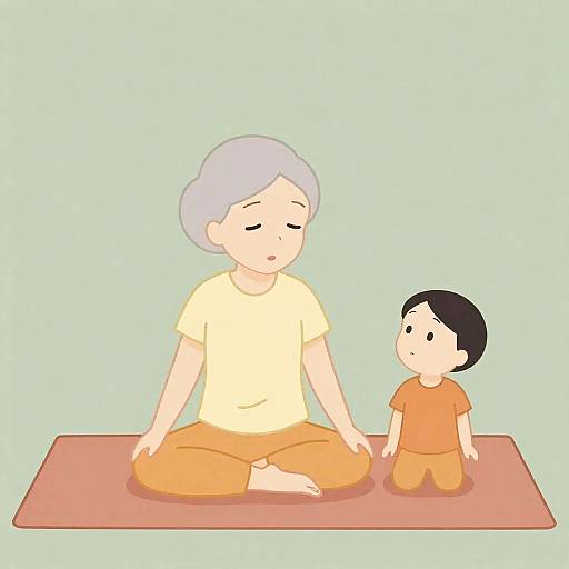 Cartoon Grandparent and Child Sitting on Mat