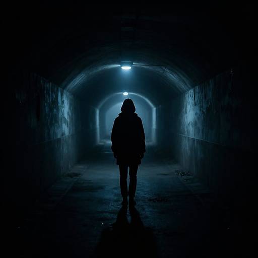 Photograph of a silhouetted person in a hooded jacket standing in a dark, blue-lit underground tunnel with a glowing light at the