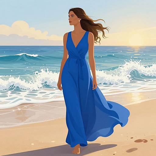 Woman in Blue Dress on Beach