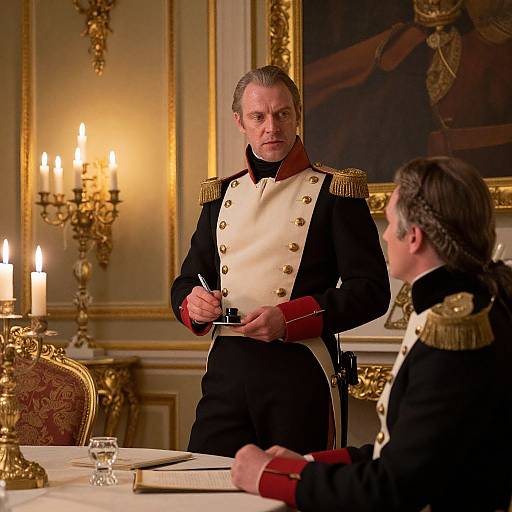 Photograph of two men in ornate black and white military uniforms, standing in a luxurious, candlelit room with gold accents.
