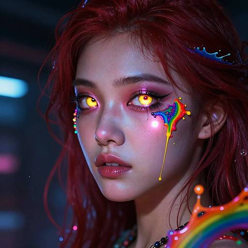 Digital portrait of a red-haired woman with glowing yellow eyes, colorful rainbow makeup, and dripping paint. Neon-lit, dark background.