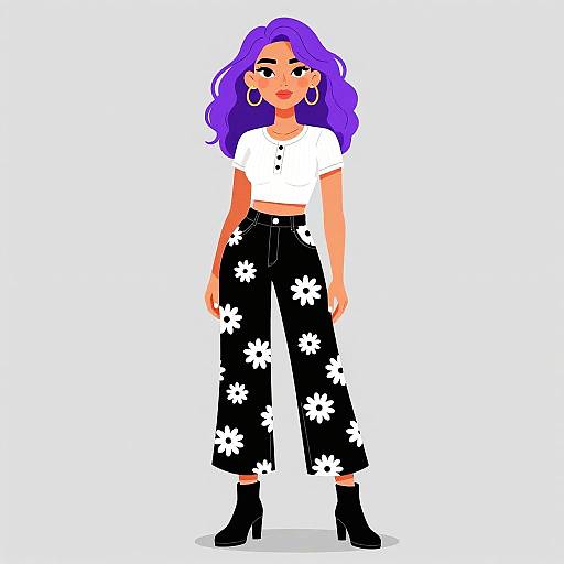 Digital illustration of a confident woman with purple wavy hair, wearing a white crop top, black floral pants, black boots, and hoop earrings, standing