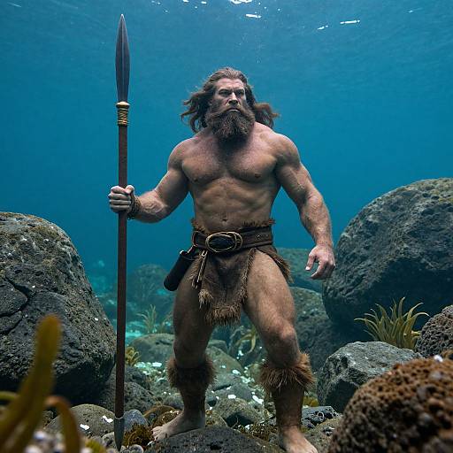Photograph of a muscular, bearded, Viking warrior with long hair, wearing a fur loincloth and holding a spear, standing on a rocky