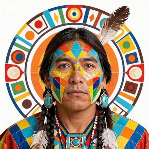 Photograph of a Native American man with vibrant, geometric face paint, feather in hair, colorful traditional attire, and turquoise earrings.