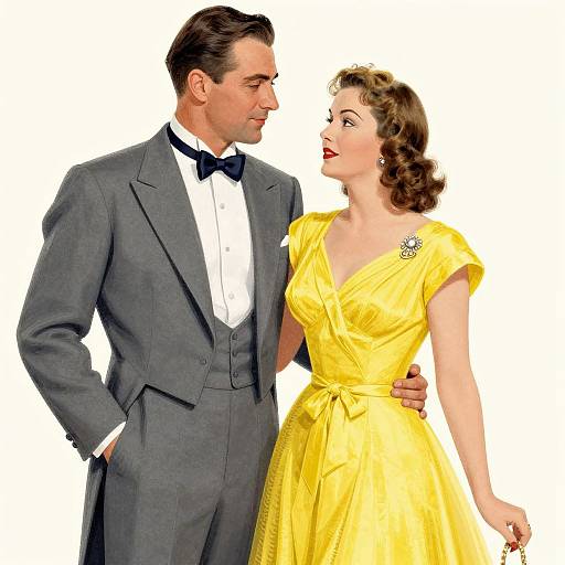 Vintage-style photograph of a smiling couple: man in gray suit with black bow tie, woman in yellow dress with floral brooch.