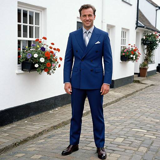 Man in Royal Blue Suit on Cobblestone Street