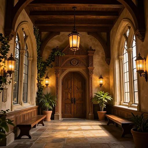 Photograph of a sunlit, rustic indoor corridor with arched windows, wooden doors, potted plants, and warm lantern lighting.