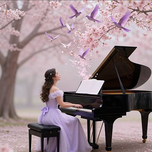 Photograph-style digital artwork of a brunette woman in a white off-shoulder dress playing a grand piano under cherry blossom trees, with purple birds flying