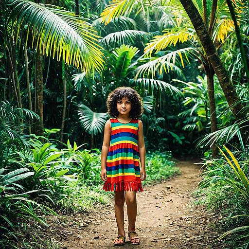 Child in Colorful Dress in Tropical Jungle
