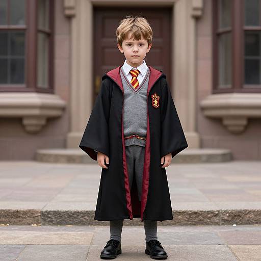 Photograph of a young boy with light brown hair, wearing a black Hogwarts robe with red lining, grey vest, white shirt, red tie, grey