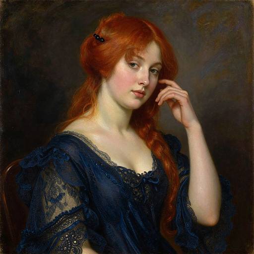 Photorealistic painting of a fair-skinned, red-haired woman with delicate features, wearing a dark blue lace dress, softly touching her cheek against a
