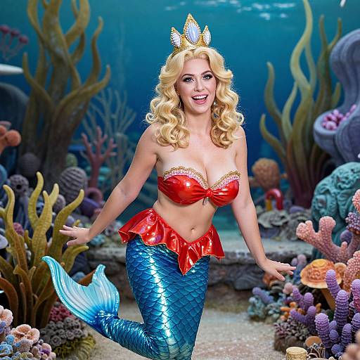 Photograph of a smiling blonde woman in a red mermaid costume with blue scales, golden crown, and fish tail, swimming underwater surrounded by colorful coral
