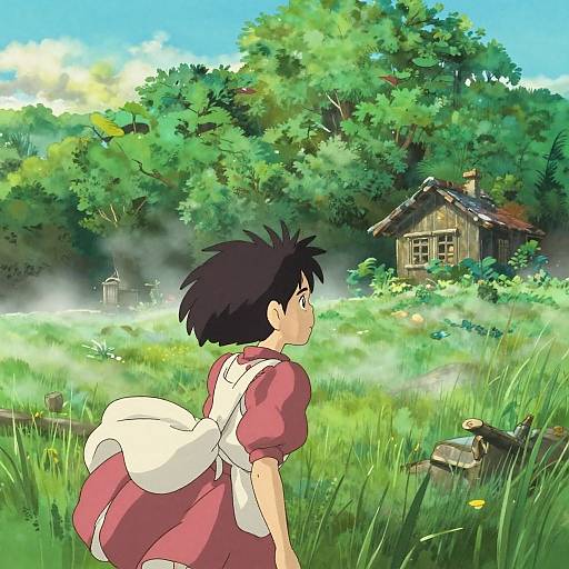 Anime-style illustration of a girl with black spiky hair and a pink dress, white apron, looking at a wooden cottage in a misty,