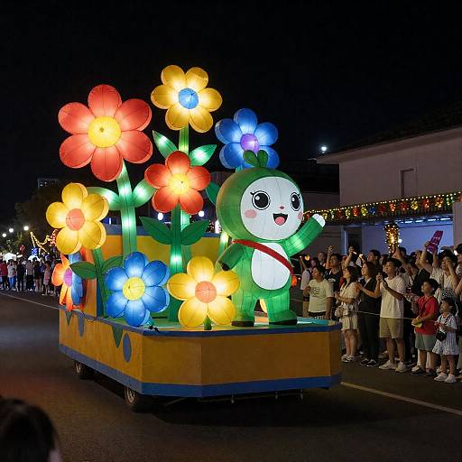 Lively Nighttime Parade with Glowing Floats