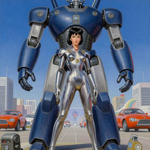 Photorealistic digital art: A silver-clad woman with black hair stands between a large blue mech robot in a cityscape with red cars and skys