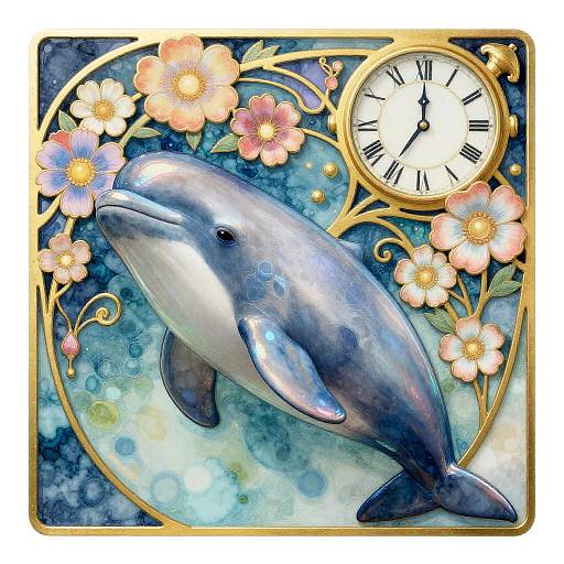 Art Nouveau Narwhal with Clock and Flowers