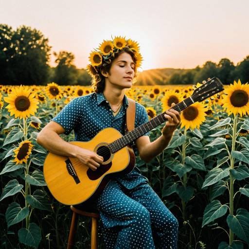 Youth Playing Guitar in Sunflower Field