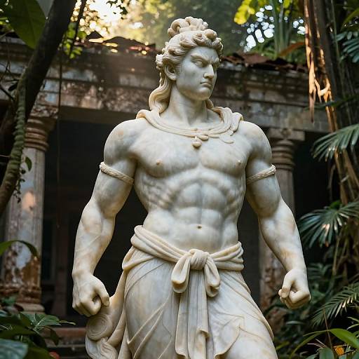 Photograph of a detailed marble statue of a muscular, shirtless deity with an intricate hairstyle, draped in a cloth, standing in a lush, sun