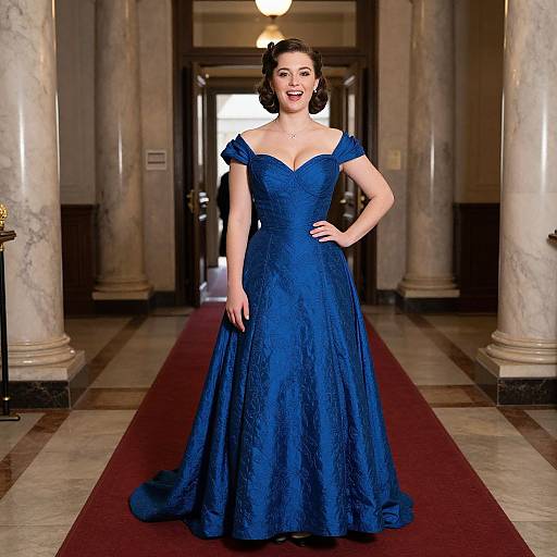 Photograph of a smiling woman in an off-shoulder, deep blue, lace evening gown standing in a marble hallway with red carpet.
