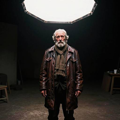 Elderly Man in Leather Duster Under Softbox Light