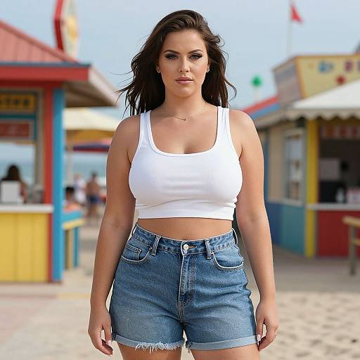 Photograph of a confident, fair-skinned woman with dark brown hair, wearing a white crop top and blue denim shorts, standing in a colorful,