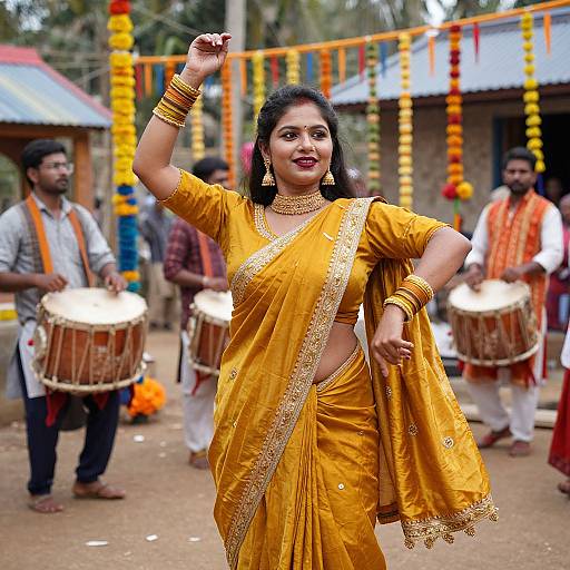 Photograph of a smiling Indian woman in a golden saree with gold trim, dancing in a festive outdoor setting with drummers and colorful garlands.