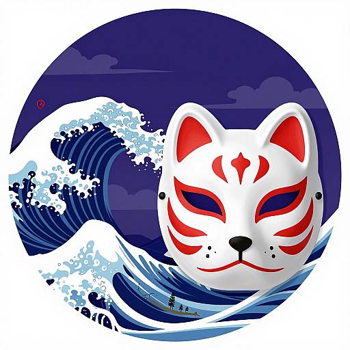Mystical White Fox Mask with Ocean Waves