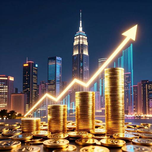 Photograph of gold coins with a glowing, upward-pointing arrow, set against a nighttime cityscape of illuminated skyscrapers, including the Empire State