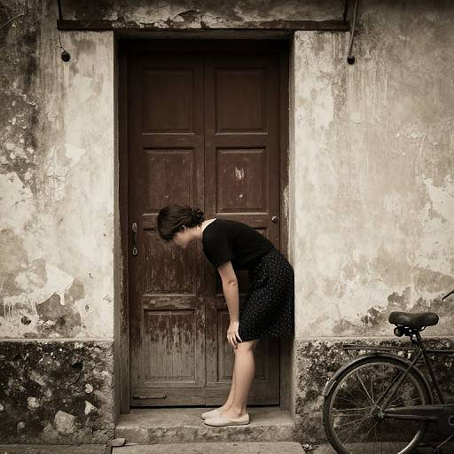Photograph of a woman in a black dress and white flats, bending over in front of a weathered wooden door, with a bicycle to the right