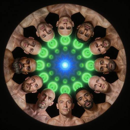 Circular Arrangement of Bald Men with Abstract Spiral Background